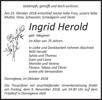 Traueranzeige von Ingrid Herold (geb. Wegener)  von Magdeburger Volksstimme