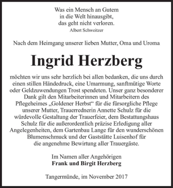 Traueranzeige von Ingrid Herzberg  von Magdeburger Volksstimme