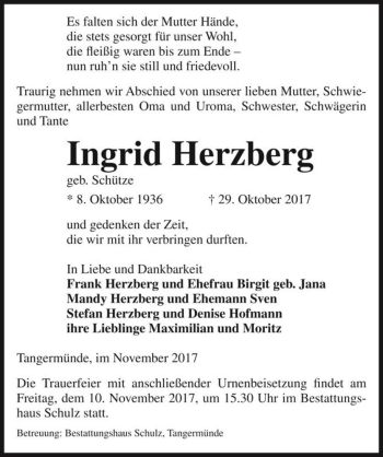 Traueranzeige von Ingrid Herzberg (geb. Schütze)  von Magdeburger Volksstimme