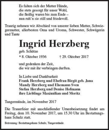 Traueranzeige von Ingrid Herzberg (geb. Schütze)  von Magdeburger Volksstimme