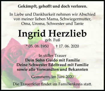Traueranzeige von Ingrid Herzlieb (geb. Fuß)  von Magdeburger Volksstimme