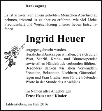 Traueranzeige von Ingrid Heuer  von Magdeburger Volksstimme