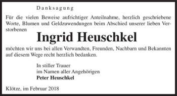 Traueranzeige von Ingrid Heuschkel  von Magdeburger Volksstimme