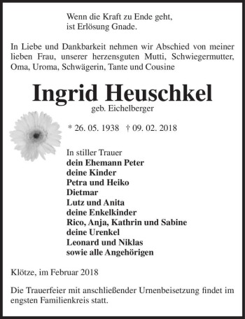 Traueranzeige von Ingrid Heuschkel (geb. Eichelberger)  von Magdeburger Volksstimme