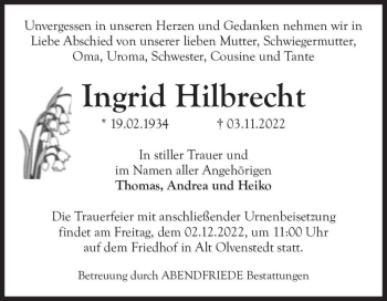 Traueranzeige von Ingrid Hilbrecht  von Magdeburger Volksstimme