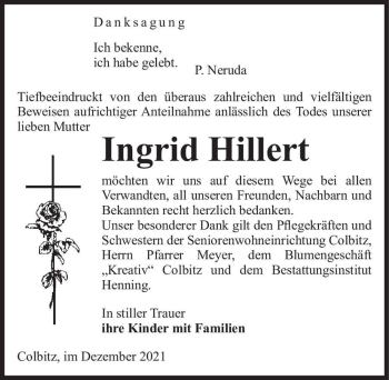 Traueranzeige von Ingrid Hillert  von Magdeburger Volksstimme