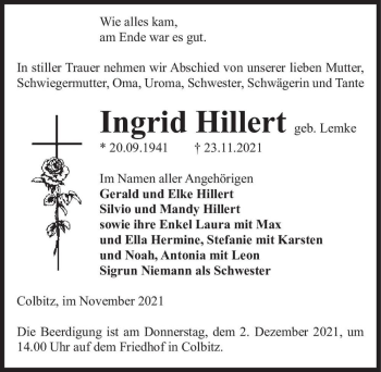 Traueranzeige von Ingrid Hillert (geb. Lemke)  von Magdeburger Volksstimme