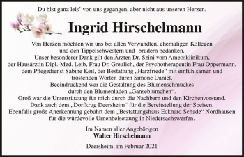 Traueranzeige von Ingrid Hirschelmann  von Magdeburger Volksstimme