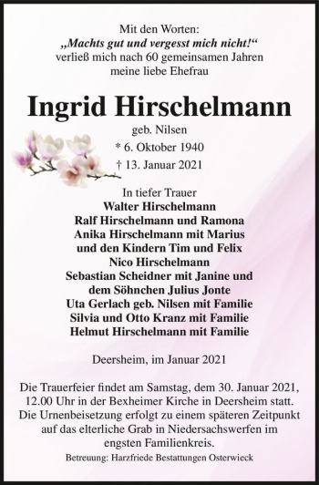 Traueranzeige von Ingrid Hirschelmann (geb. Nilsen)  von Magdeburger Volksstimme