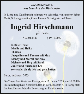 Traueranzeige von Ingrid Hirschmann (geb. Bentz)  von Magdeburger Volksstimme