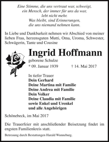 Traueranzeige von Ingrid Hoffmann (geb. Schulze)  von Magdeburger Volksstimme