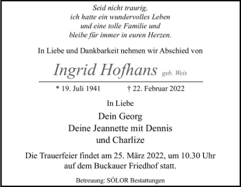 Traueranzeige von Ingrid Hofhans (geb. Weis)  von Magdeburger Volksstimme