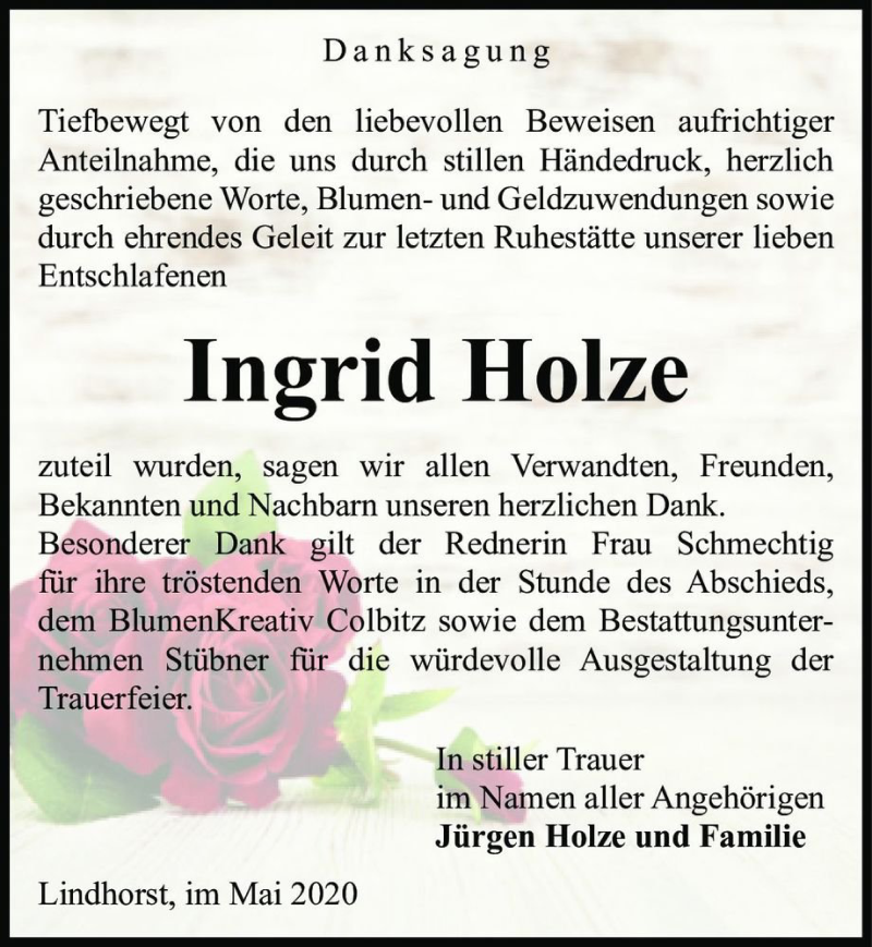  Traueranzeige für Ingrid Holze  vom 23.05.2020 aus Magdeburger Volksstimme