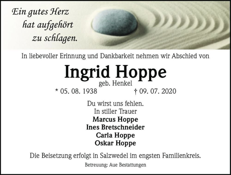  Traueranzeige für Ingrid Hoppe (geb. Henkel)  vom 18.07.2020 aus Magdeburger Volksstimme