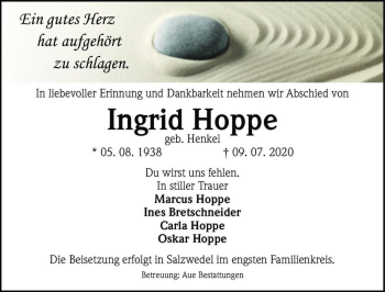 Traueranzeige von Ingrid Hoppe (geb. Henkel)  von Magdeburger Volksstimme