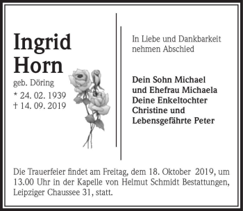 Traueranzeige von Ingrid Horn (geb. Döring)  von Magdeburger Volksstimme
