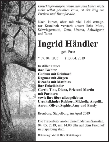 Traueranzeige von Ingrid Händler (geb. Puse)  von Magdeburger Volksstimme