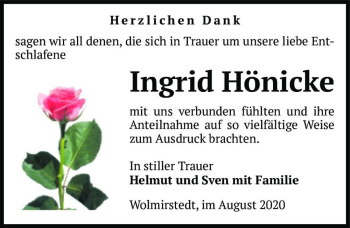 Traueranzeige von Ingrid Hönicke  von Magdeburger Volksstimme