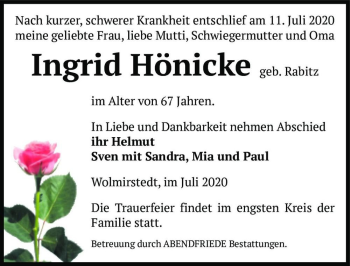 Traueranzeige von Ingrid Hönicke (geb. Rabitz)  von Magdeburger Volksstimme