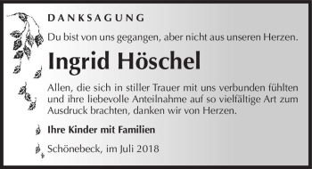 Traueranzeige von Ingrid Höschel  von Magdeburger Volksstimme