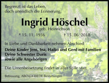 Traueranzeige von Ingrid Höschel (geb. Heinrichson)  von Magdeburger Volksstimme