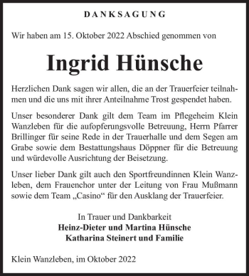Traueranzeige von Ingrid Hünsche  von Magdeburger Volksstimme