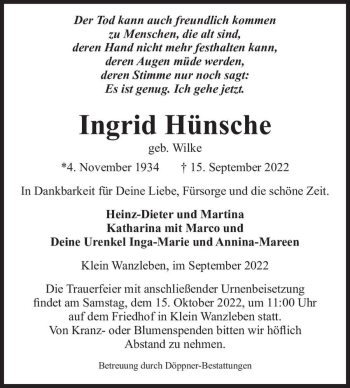 Traueranzeige von Ingrid Hünsche (geb. Wilke)  von Magdeburger Volksstimme
