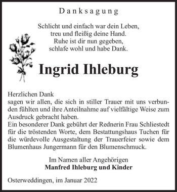 Traueranzeige von Ingrid Ihleburg  von Magdeburger Volksstimme