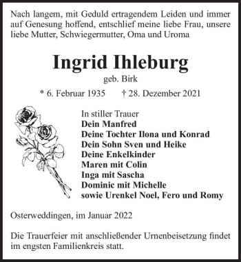 Traueranzeige von Ingrid Ihleburg (geb. Birk)  von Magdeburger Volksstimme