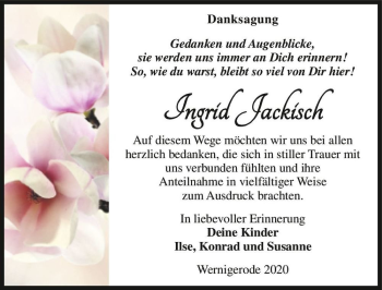Traueranzeige von Ingrid Jackisch  von Magdeburger Volksstimme