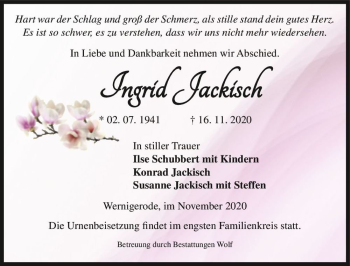 Traueranzeige von Ingrid Jackisch  von Magdeburger Volksstimme