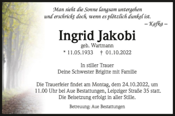 Traueranzeige von Ingrid Jakobi (geb. Wartmann)  von Magdeburger Volksstimme