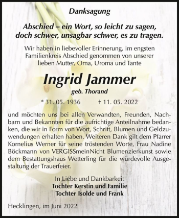 Traueranzeige von Ingrid Jammer (geb. Thorand)  von Magdeburger Volksstimme