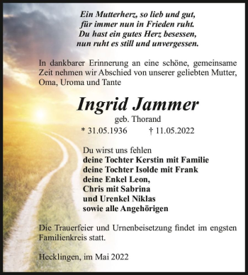 Traueranzeige von Ingrid Jammer (geb. Thorand)  von Magdeburger Volksstimme