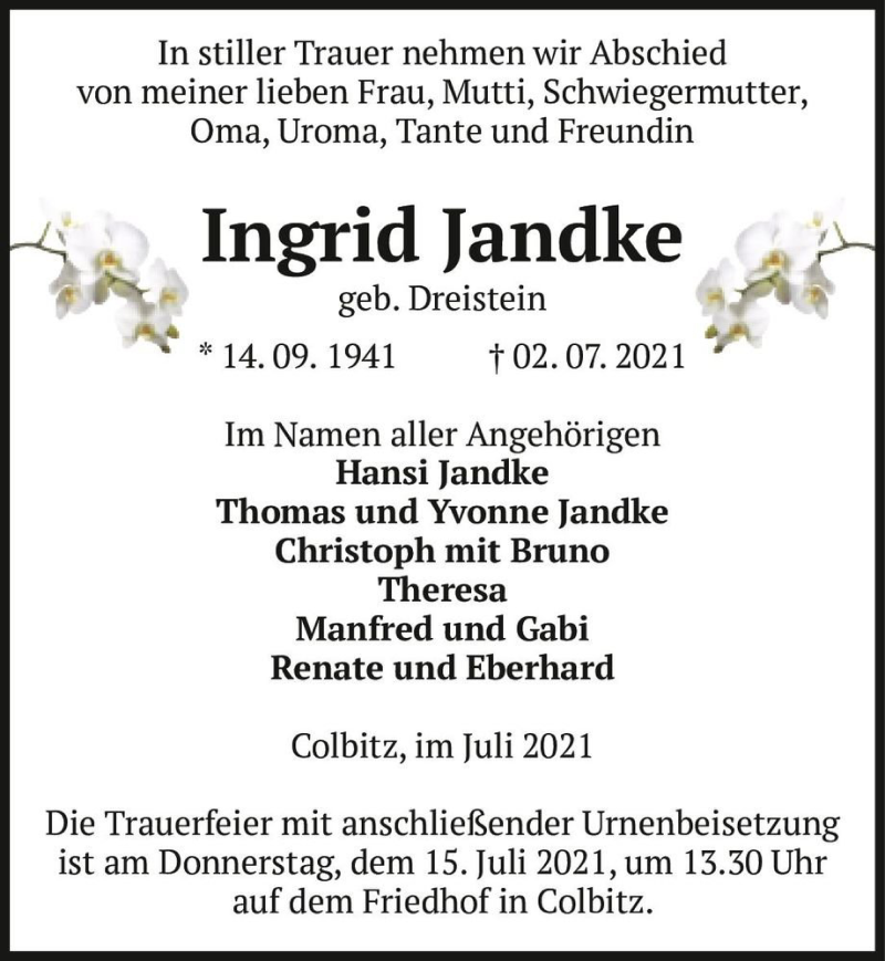  Traueranzeige für Ingrid Jandke (geb. Dreistein)  vom 10.07.2021 aus Magdeburger Volksstimme