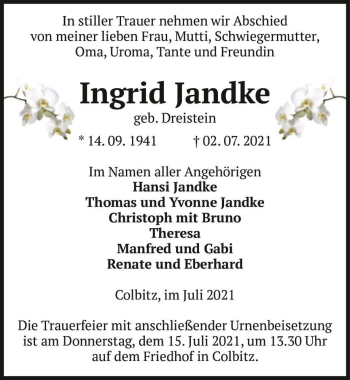 Traueranzeige von Ingrid Jandke (geb. Dreistein)  von Magdeburger Volksstimme