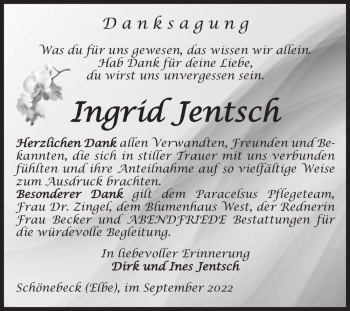 Traueranzeige von Ingrid Jentsch  von Magdeburger Volksstimme