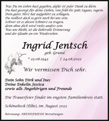 Traueranzeige von Ingrid Jentsch (geb. Grund)  von Magdeburger Volksstimme