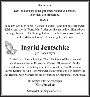 Traueranzeige von Ingrid Jentschke (geb. Rosenmeyer)  von Magdeburger Volksstimme