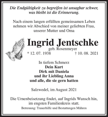 Traueranzeige von Ingrid Jentschke (geb. Rosenmeyer)  von Magdeburger Volksstimme