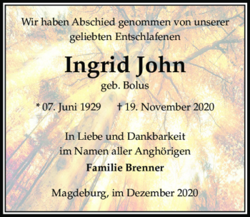 Traueranzeige von Ingrid John (geb. Bolus)  von Magdeburger Volksstimme