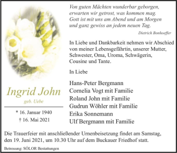 Traueranzeige von Ingrid John (geb. Uebe)  von Magdeburger Volksstimme