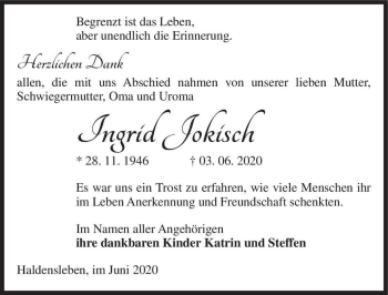 Traueranzeige von Ingrid Jokisch  von Magdeburger Volksstimme