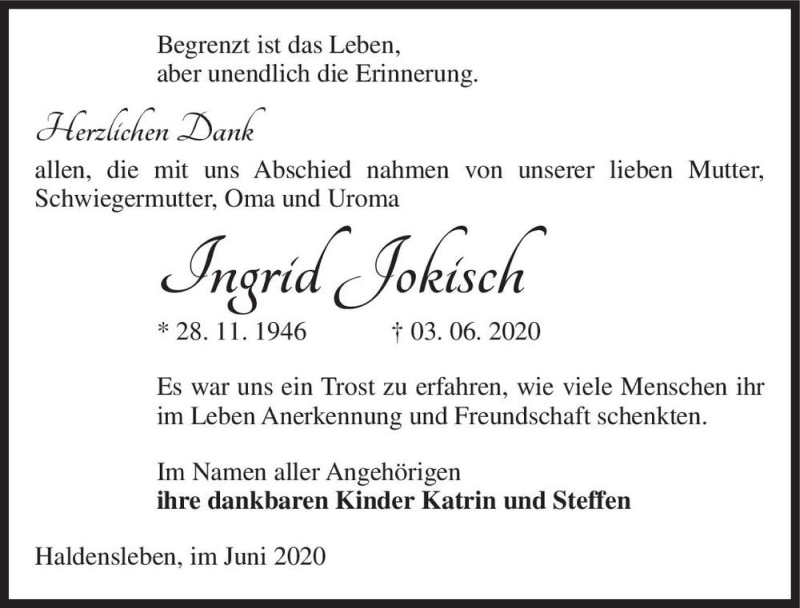  Traueranzeige für Ingrid Jokisch  vom 20.06.2020 aus Magdeburger Volksstimme