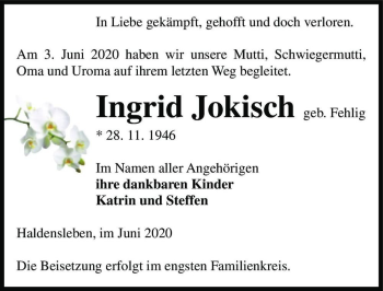 Traueranzeige von Ingrid Jokisch (geb. Fehlig)  von Magdeburger Volksstimme