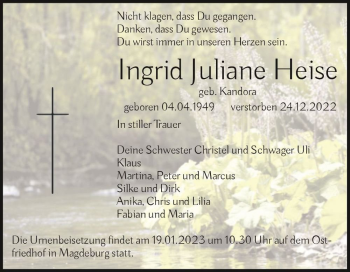Traueranzeige von Ingrid Juliane Heise (geb. Kandora)  von Magdeburger Volksstimme