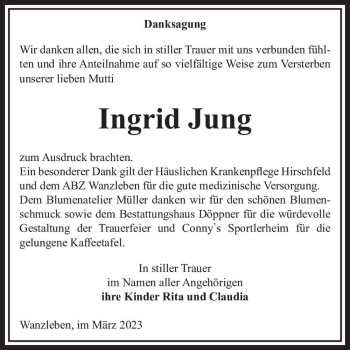 Traueranzeige von Ingrid Jung  von Magdeburger Volksstimme