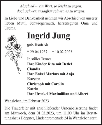 Traueranzeige von Ingrid Jung (geb. Hentrich)  von Magdeburger Volksstimme