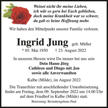 Traueranzeige von Ingrid Jung (geb. Müller)  von Magdeburger Volksstimme