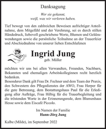 Traueranzeige von Ingrid Jung (geb. Müller)  von Magdeburger Volksstimme